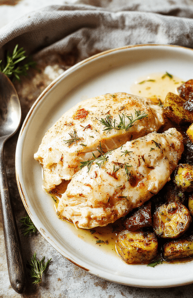 A beautifully plated rosemary chicken Dijon dish featuring golden-brown chicken breasts topped with a vibrant Dijon sauce, garnished with sprigs of fresh rosemary, served on a rustic white plate with a side of colorful roasted vegetables, all on a light wooden table with natural light highlighting the textures and rich colors.