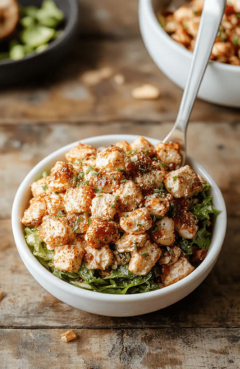 Colorful Asian chicken salad served in a white bowl, featuring crisp chopped cabbage, shredded chicken, sliced almonds, and vibrant shredded carrots, topped with fresh green herbs and sesame seeds, styled lightly with a soothing background ambiance.
