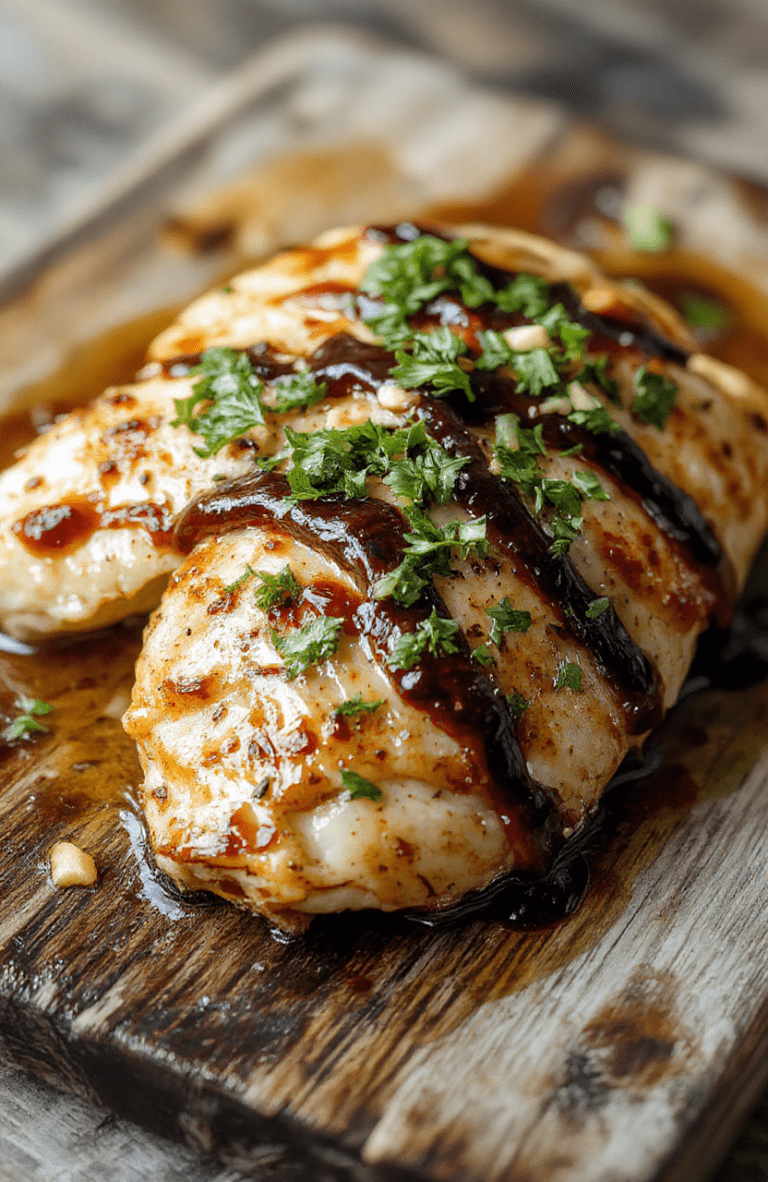 A perfectly baked chicken breast glazed with glossy balsamic reduction, garnished with fresh herbs on a rustic wooden serving board, surrounded by colorful roasted vegetables, with a crispy golden exterior and tender interior, styled with natural light and minimalistic setup.