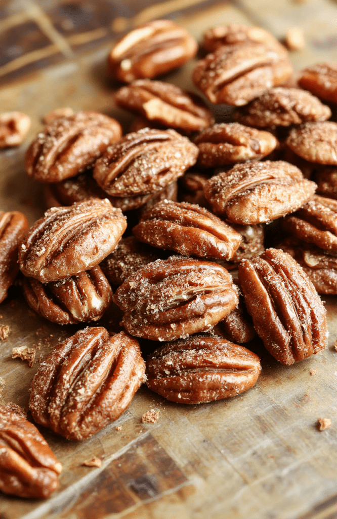 A close-up of golden brown cinnamon sugar pecans piled on a rustic wooden surface, with a sprinkle of cinnamon visible. The pecans have a glossy caramelized coating with crunchy textures, and the scene is styled simply with soft natural daylight highlighting the inviting, sweet aroma and rich color of the nuts.