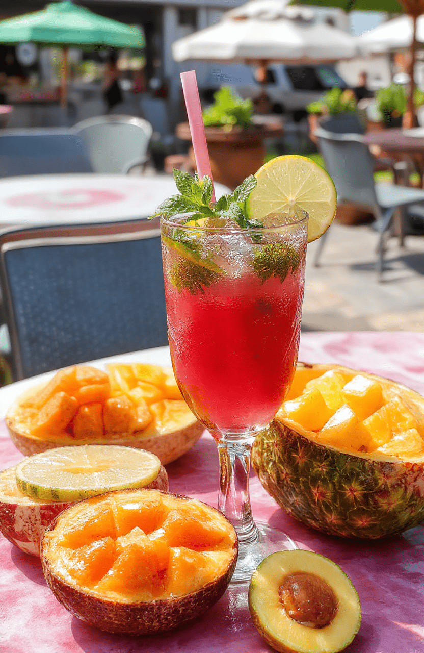 A vibrant pink Starbucks Pink Flamingo Refresher in a clear glass, garnished with fresh mint and a slice of lime, set on a bright summer-themed table with a blurred tropical background, highlighting the icy texture and colorful ingredients.
