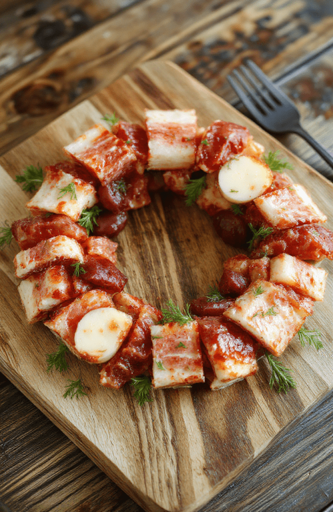 A vibrant charcuterie wreath featuring thin slices of cured meats, an array of cheeses, fresh fruits, nuts, and herbs arranged in a circular pattern on a rustic wooden platter, with colorful vegetables and crackers interspersed, styled with greenery and edible flowers for a gourmet look.