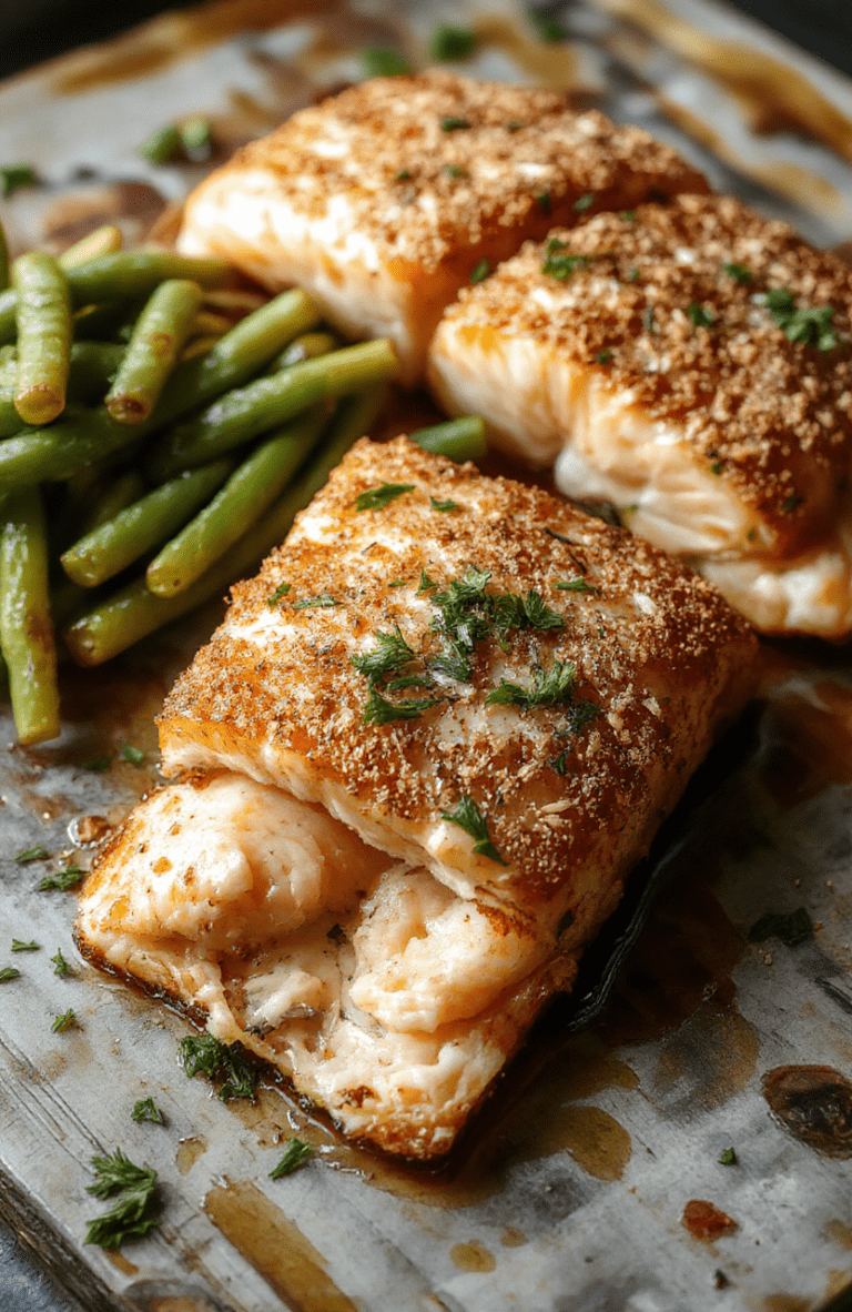 A perfectly cooked flaky salmon fillet with a golden crisp exterior, served on a rustic white plate with fresh lemon wedges and green herbs, styled casually on a wooden table with a natural light setting, highlighting the crispy texture and tender interior.