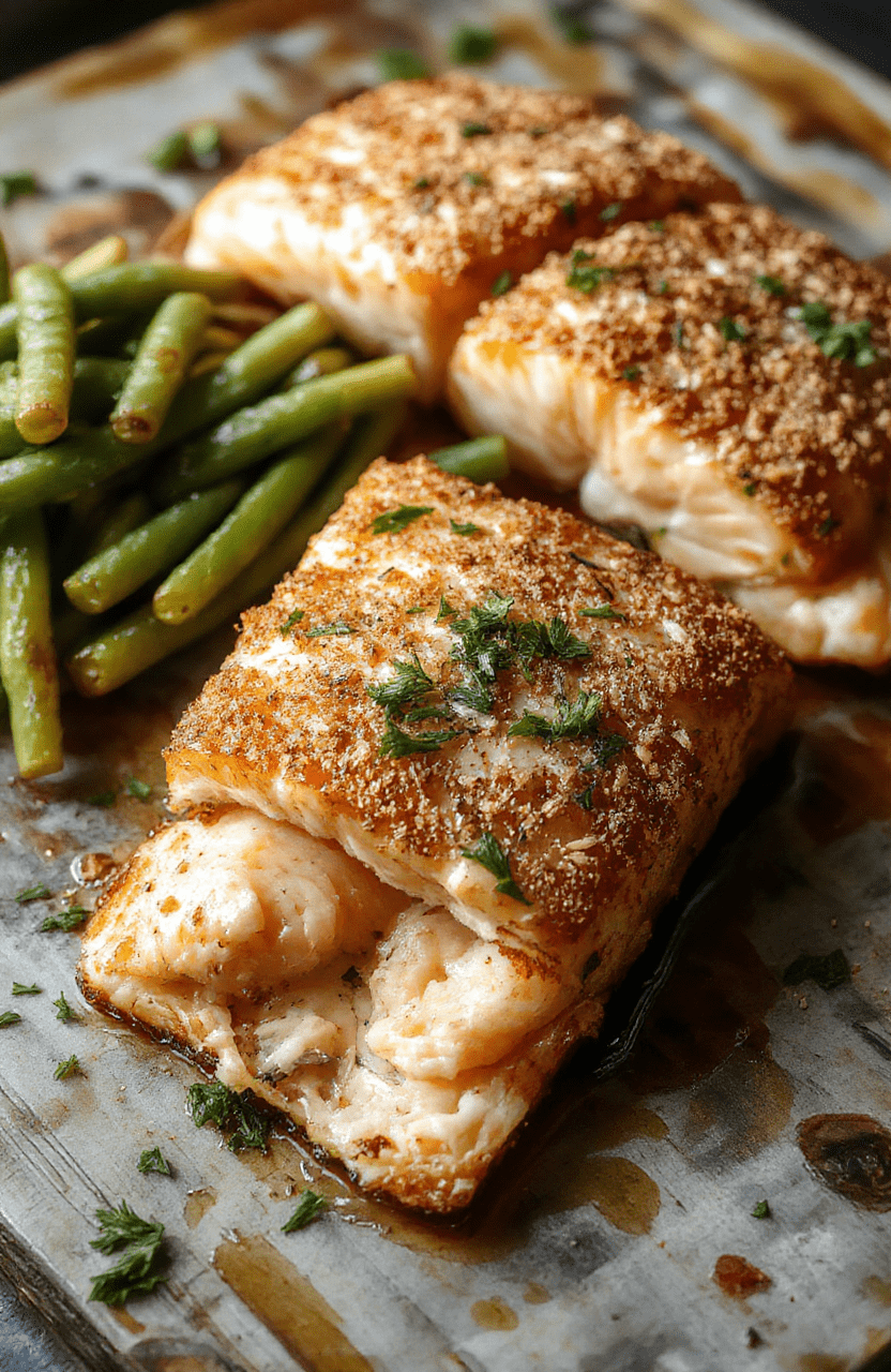 A perfectly cooked flaky salmon fillet with a golden crisp exterior, served on a rustic white plate with fresh lemon wedges and green herbs, styled casually on a wooden table with a natural light setting, highlighting the crispy texture and tender interior.