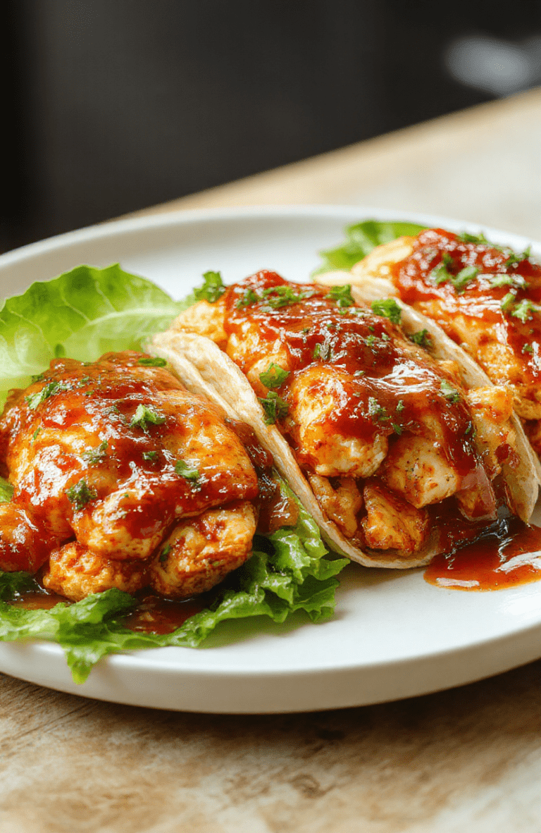 Colorful sweet chili chicken wraps neatly arranged on a white plate, showcasing glossy sauce, crispy lettuce, and tender chicken slices. The vibrant reds and greens of fresh ingredients contrast with the neutral plate, styled simply to highlight the textures and appeal of this quick, flavorful dish.
