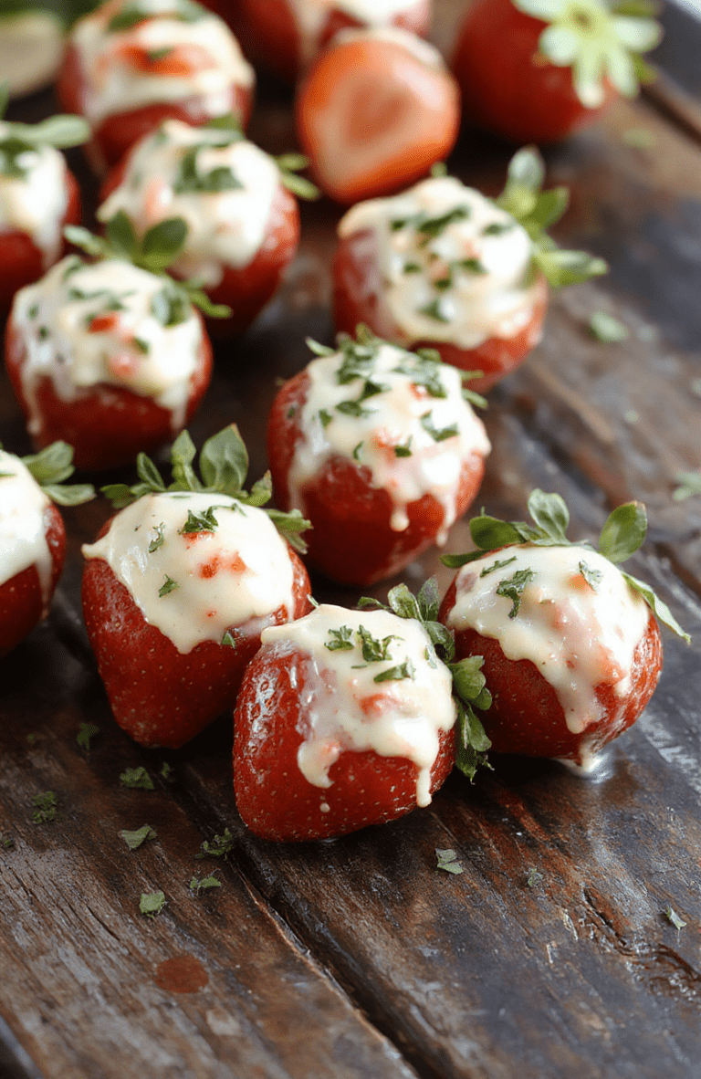 Colorful platter of creamy deviled strawberries arranged neatly on a white ceramic plate. The strawberries are halved, filled with a smooth, pale cream filling, topped with tiny sprinkles of crushed nuts and a small mint leaf garnish. Bright red strawberries contrast with the creamy white filling, and the scene includes a blurred background of a festive party setting with soft lighting and vibrant colors.