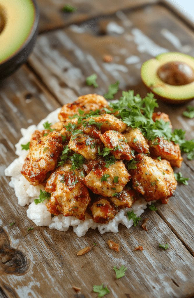 A vibrant plate featuring tender, shredded crockpot chicken coated in a glossy sweet Hawaiian sauce, garnished with chopped green onions and pineapple chunks, served against a rustic wooden table with colorful tropical-themed accents and a glass of fresh pineapple juice.