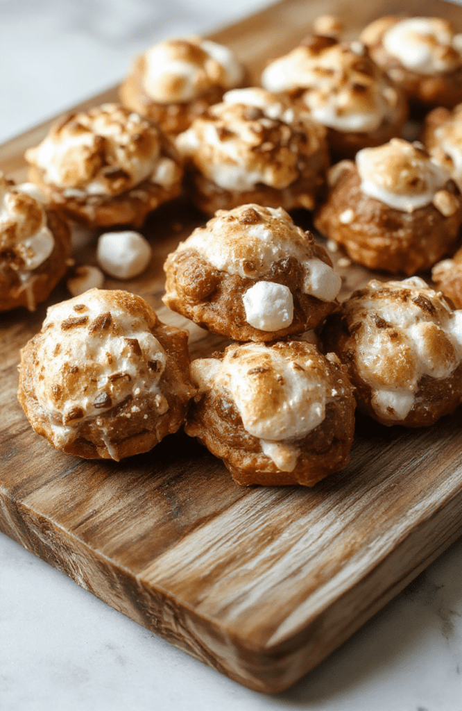 Colorful pretzel bites topped with toasted marshmallows, melted chocolate, and crumbled graham crackers, arranged on a rustic wooden platter with a warm, inviting atmosphere.
