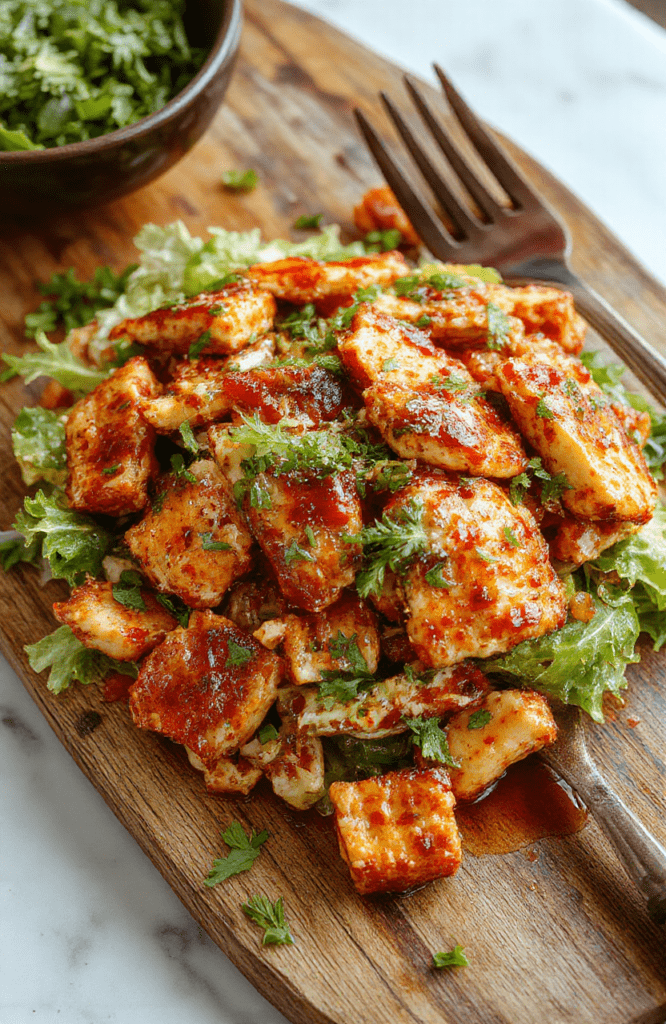 A vibrant bowl of honey hot chicken salad featuring crispy shredded chicken topped with a glossy honey glaze, sliced jalapenos, and fresh herbs, all arranged on a rustic wooden platter. The colorful ingredients contrast with the creamy dressing, creating an inviting and appetizing presentation.