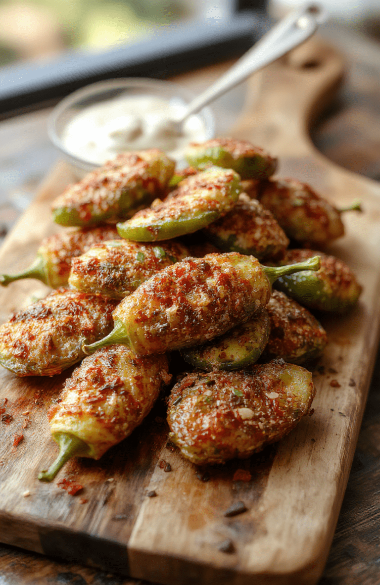 Colorful plate of crispy, golden-brown jalapeño poppers filled with creamy cheese, garnished with chopped chives on a rustic wooden board, with vibrant green jalapeños and smooth melting cheese textures