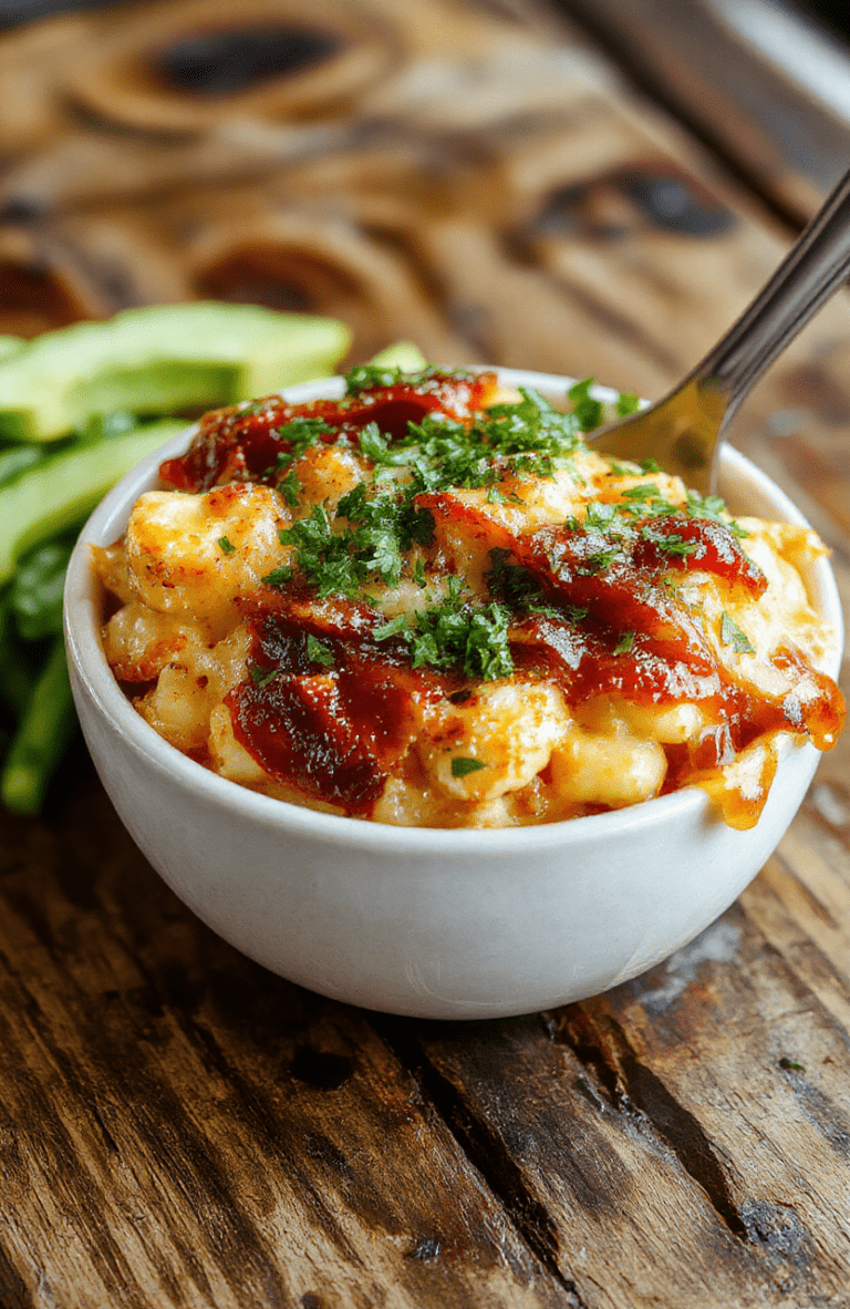 A vibrant bowl of BBQ chicken mac and cheese, featuring golden, melted cheese atop tender pasta and chunks of smoky barbecue chicken, garnished with fresh herbs, styled on a rustic wooden table with a warm, inviting atmosphere.