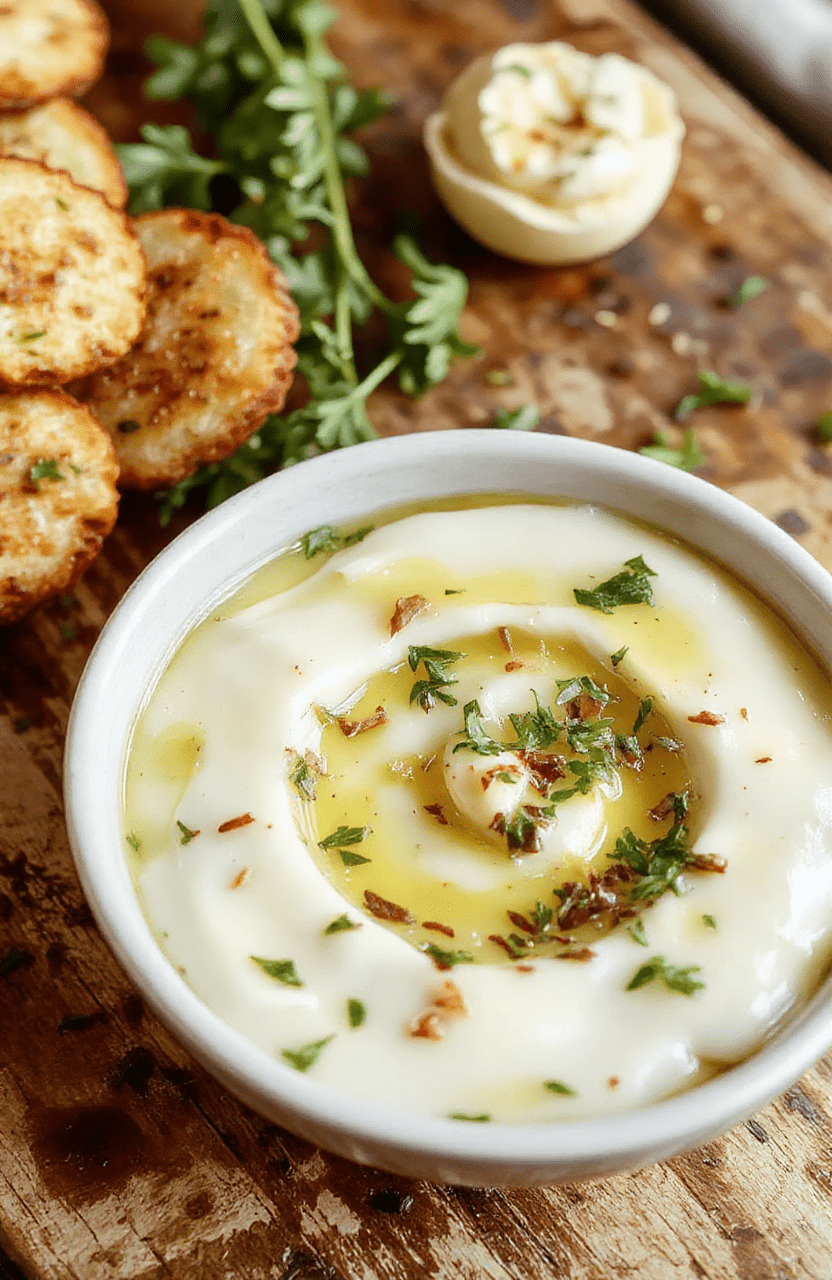 A vibrant shallow dish filled with golden garlic-infused olive oil, garnished with fresh parsley and red pepper flakes, served alongside crusty bread slices, with a rustic wooden background and natural daylight highlighting the glossy textures.