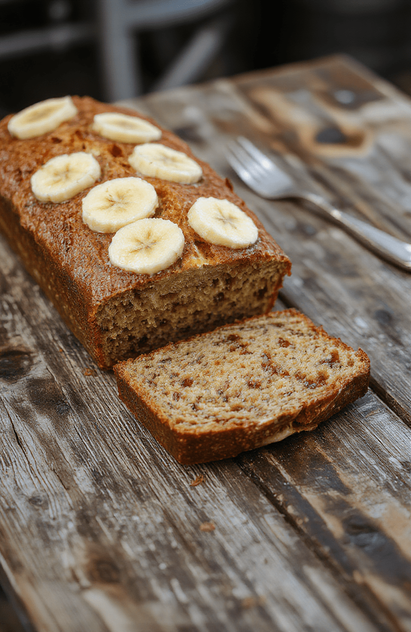 A golden-brown slice of banana bread on a rustic wooden board, topped with a smear of butter, surrounded by ripe bananas and a hint of cinnamon, with a soft textured crumb visible behind the crust, styled for a cozy, inviting atmosphere