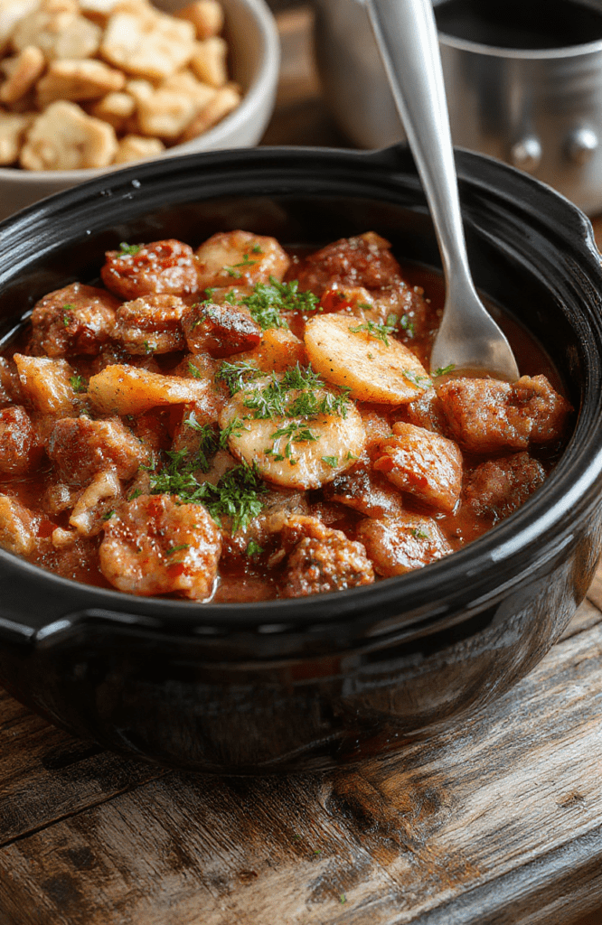 A rustic ceramic crockpot on a wooden kitchen counter, lid slightly ajar revealing fragrant, tender pulled chicken with carrots and potatoes simmering in savory broth, steam rising, soft natural light from a nearby window, wooden spoon resting on the counter edge, no text or props