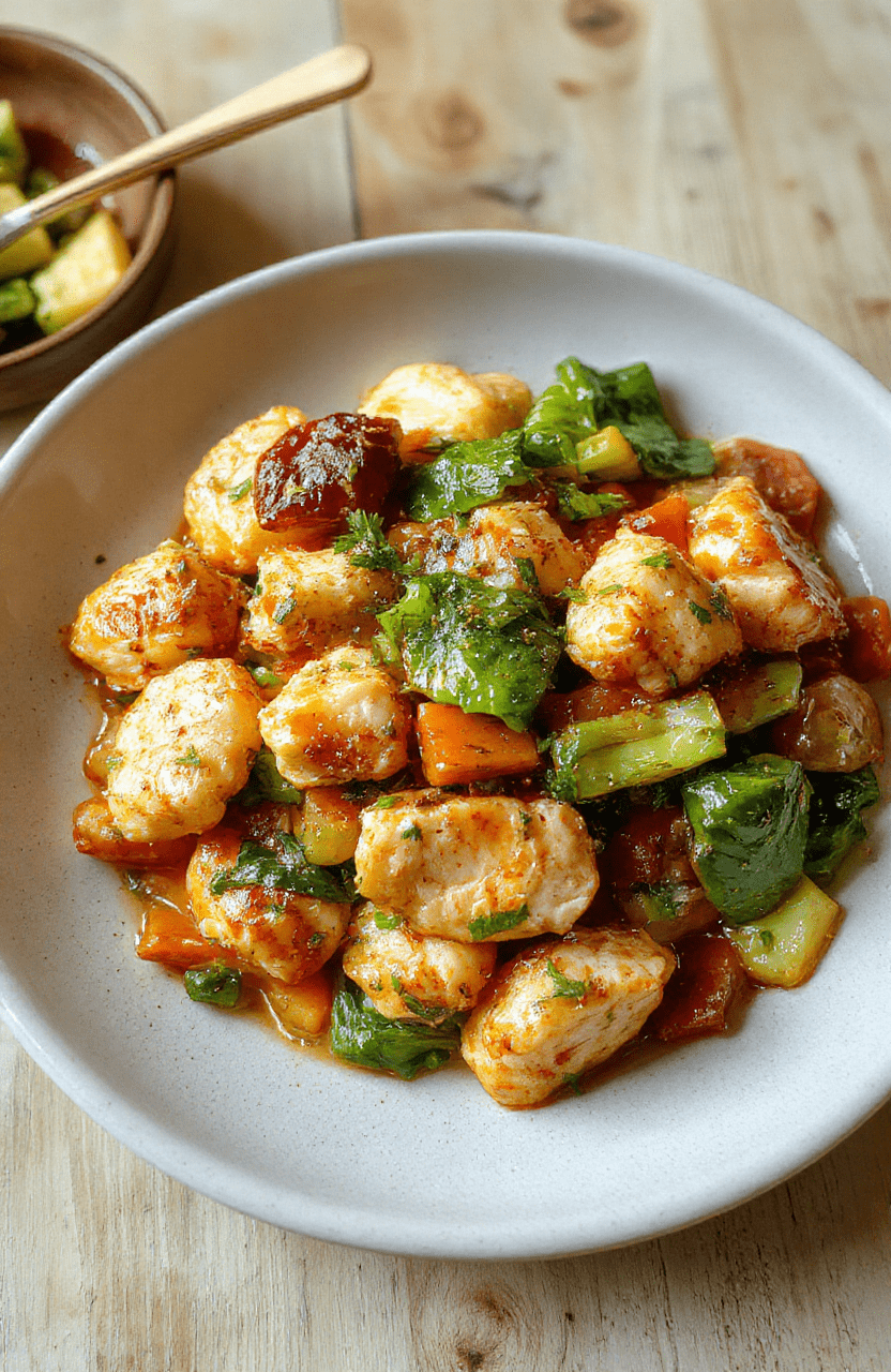 Colorful chicken stir-fry with vibrant bell peppers, broccoli, and snap peas in a glossy soy-ginger glaze, served over fluffy white rice in a rustic ceramic bowl, garnished with sesame seeds and sliced green onions, on a light oak wooden table with soft natural lighting and shallow depth of field.
