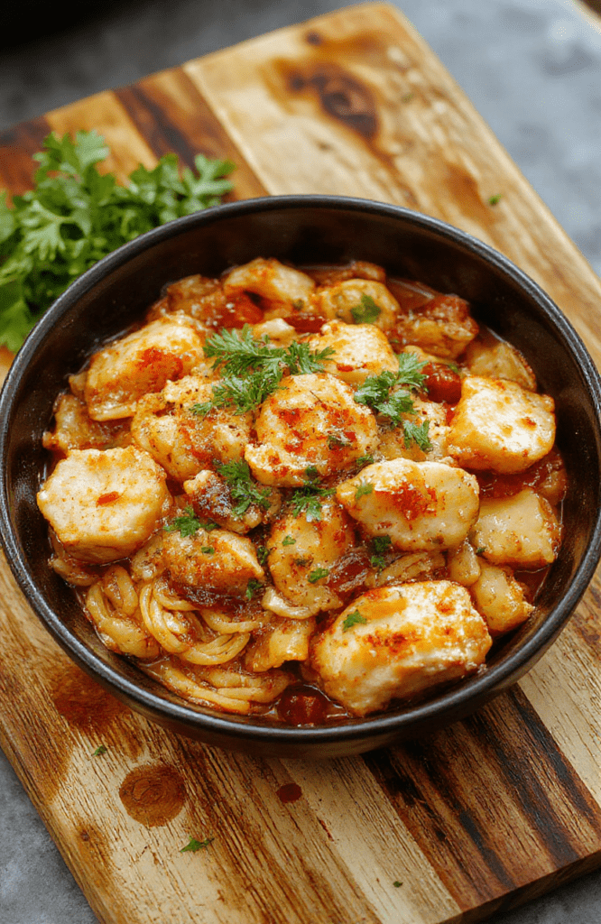 Colorful quick chicken ramen stir fry served in a shallow bowl: tender sliced chicken, bright green bok choy, orange carrots, red bell peppers, and cooked ramen noodles tossed in a glossy ginger-garlic soy glaze, garnished with sesame seeds and sliced green onions, against a clean wooden table background.