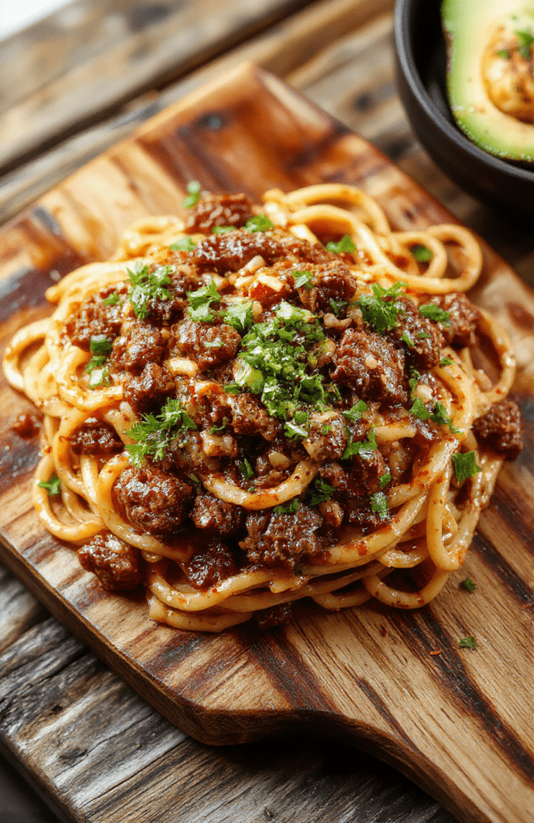 A steaming plate of glossy brown spaghetti tossed with savory-sweet ground beef in a rich soy-ginger glaze, garnished with sesame seeds and green onions, served in a white ceramic bowl against a light wooden background.