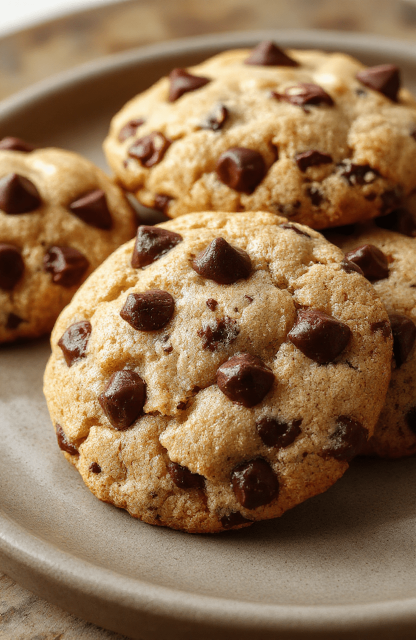 Golden-brown, pillowy bakery-style chocolate chip cookies on a rustic wooden board, melt-in-your-mouth edges with gooey centers, visible chunks of semi-sweet chocolate, dusted lightly with sea salt, shot in natural daylight with soft shadows.