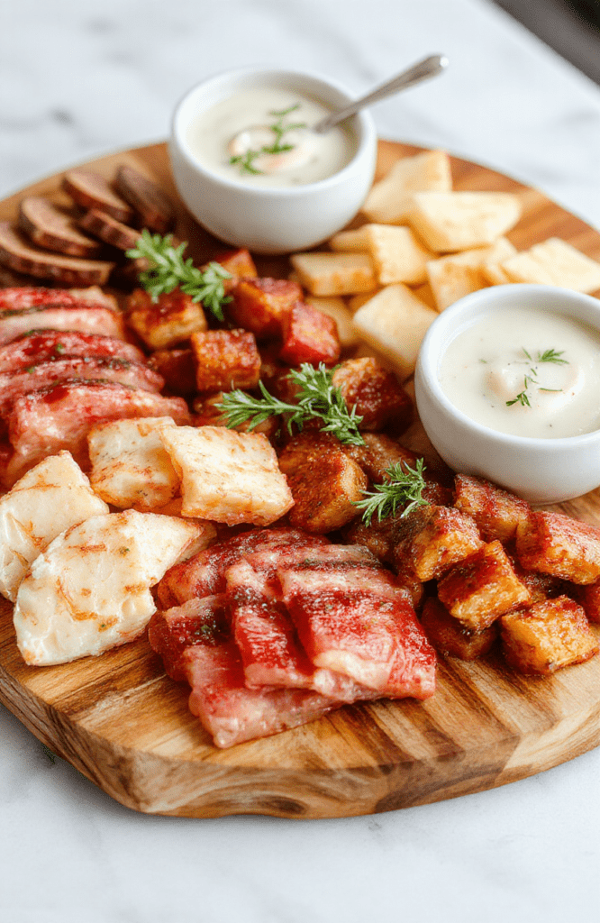 A rustic wooden board with an assortment of sliced prosciutto, aged cheddar cubes, grapes, figs, crackers, and marcona almonds arranged artfully on a clean white towel-lined table with soft natural light and subtle shadows.