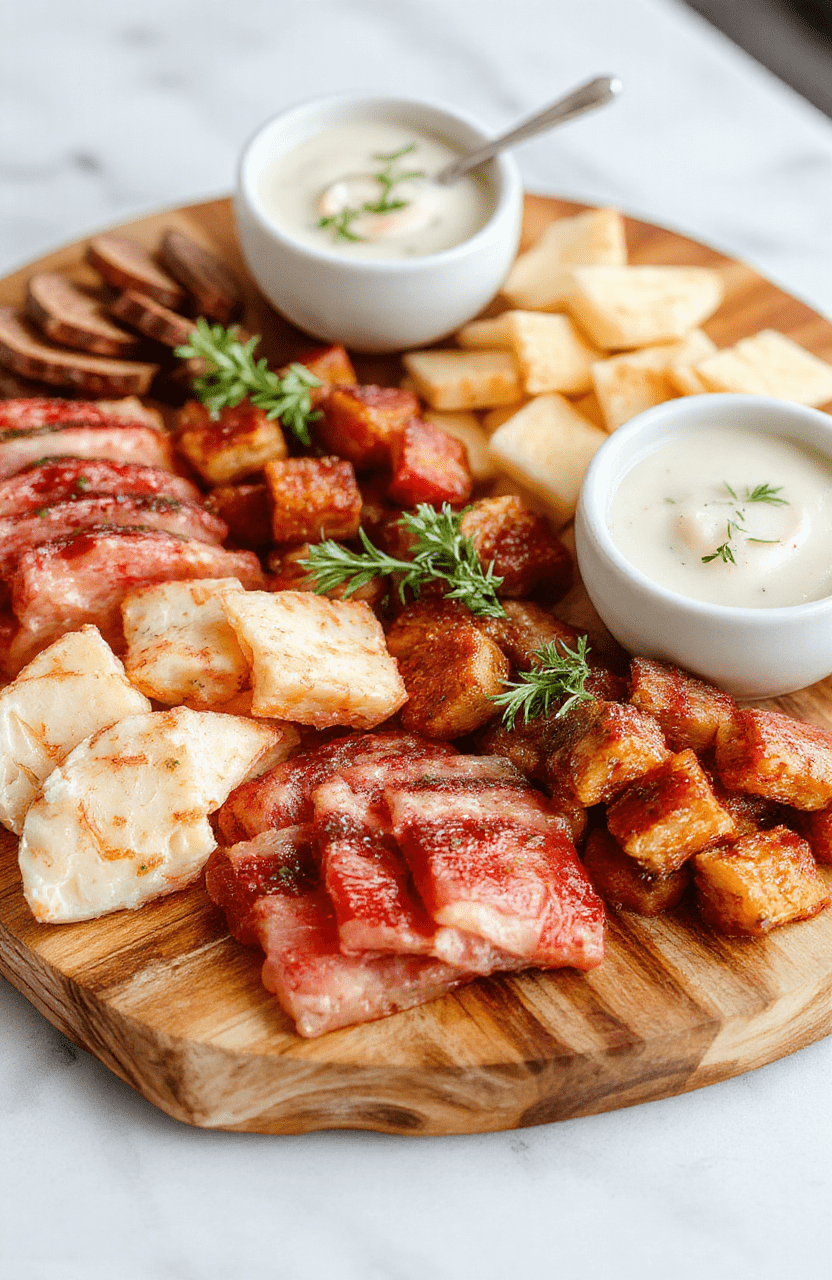 A rustic wooden board with an assortment of sliced prosciutto, aged cheddar cubes, grapes, figs, crackers, and marcona almonds arranged artfully on a clean white towel-lined table with soft natural light and subtle shadows.