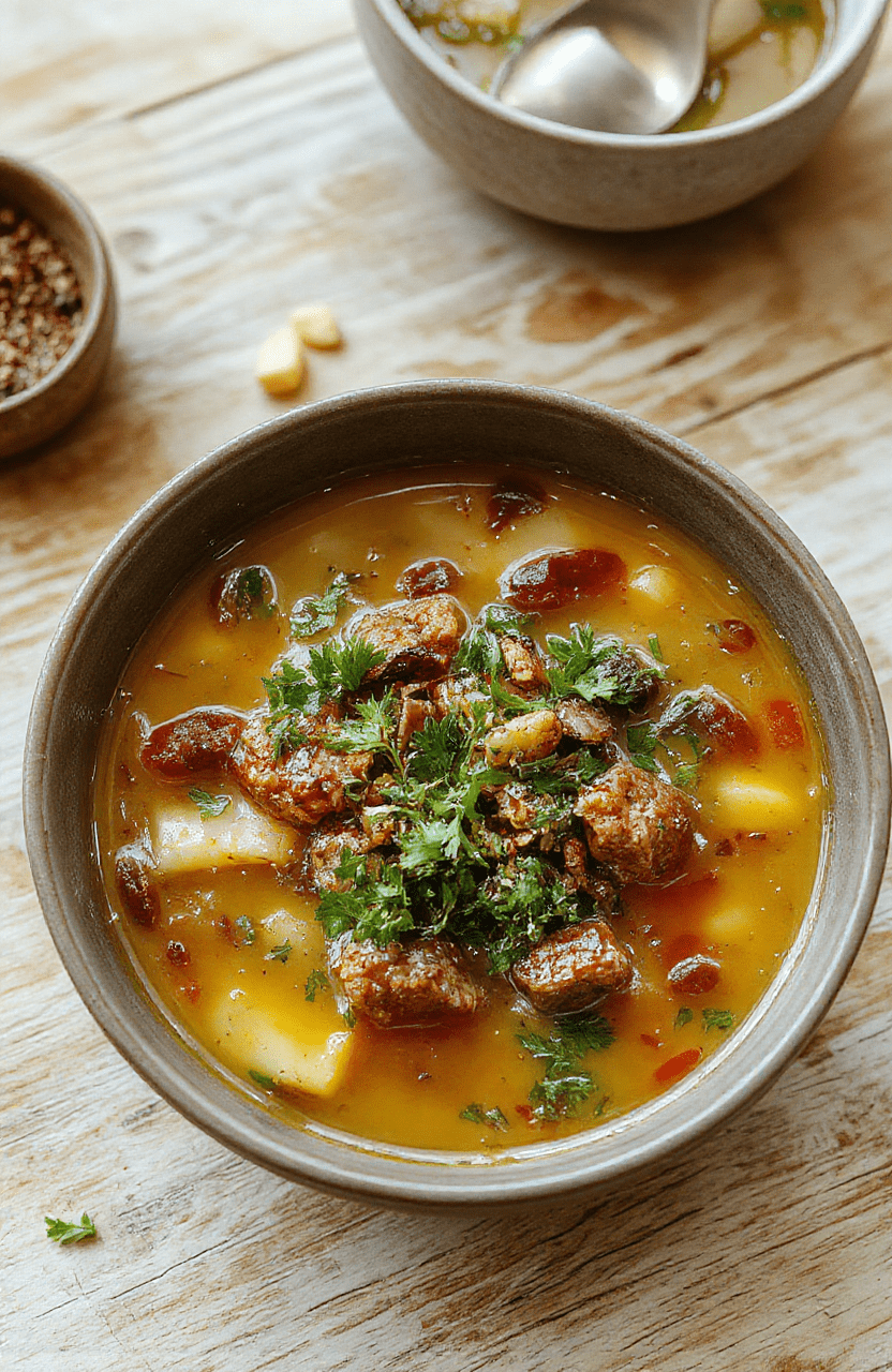 A rustic ceramic bowl filled with golden-yellow broth soup steaming gently, containing tender chicken pieces, soft carrots, celery, and fragrant parsley, garnished with fresh thyme sprigs. The soup is served on a light wooden table with soft daylight casting gentle shadows.