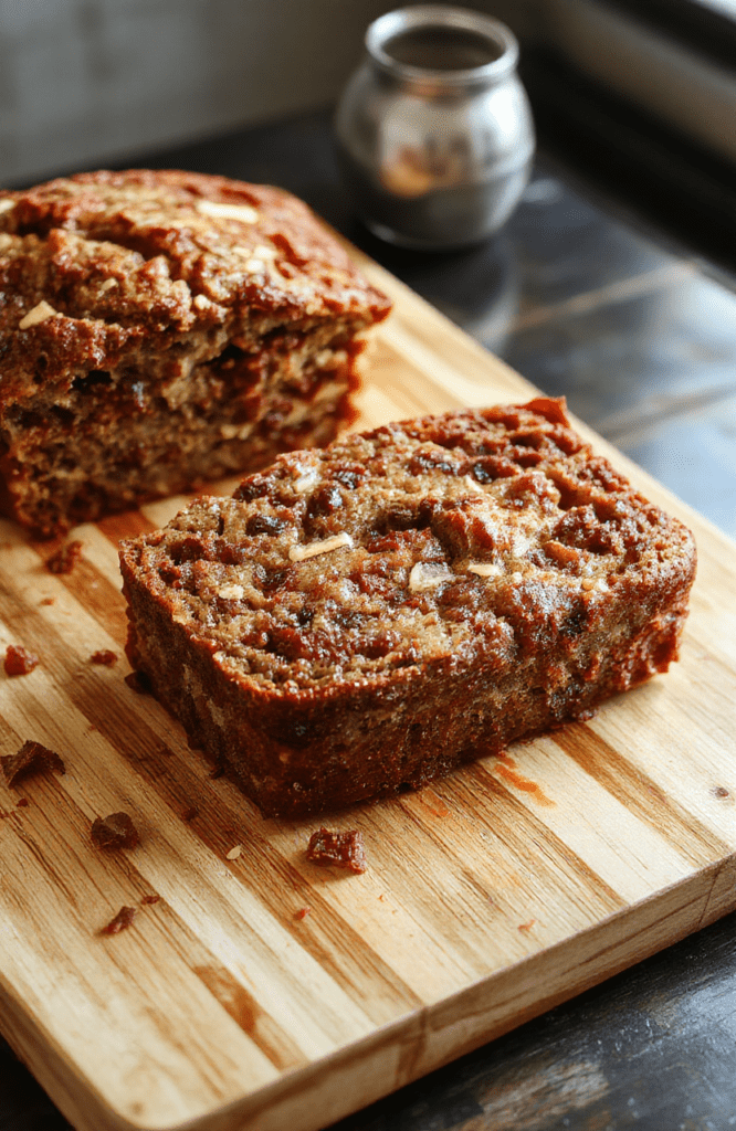 A golden-brown, slightly cracked crust banana bread resting on a rustic wooden cutting board, sliced to reveal a tender, moist interior with visible banana chunks and a subtle crumb texture. Light dusting of powdered sugar on top and a few fresh banana slices beside it.