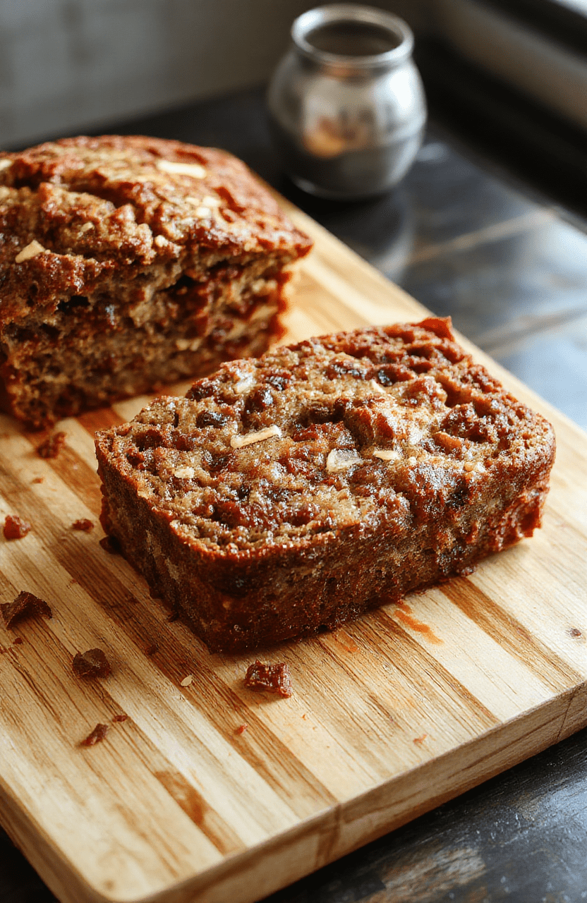 A golden-brown, slightly cracked crust banana bread resting on a rustic wooden cutting board, sliced to reveal a tender, moist interior with visible banana chunks and a subtle crumb texture. Light dusting of powdered sugar on top and a few fresh banana slices beside it.