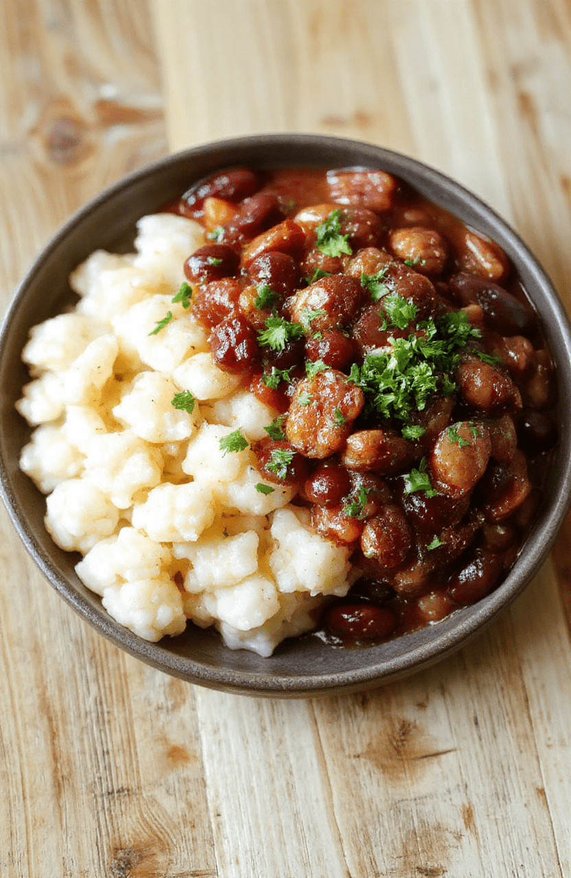 Hearty bowl of rich, dark red beans with tender rice, topped with sliced green onions and a dash of hot sauce, served in a rustic ceramic bowl beside a crusty biscuit, on a wooden table with subtle蒸汽 condensation, warm daylight lighting, realistic textures and vibrant colors.