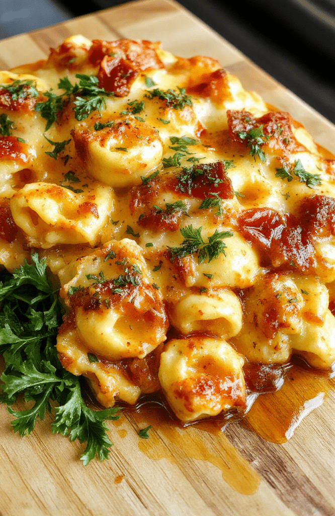 Golden-brown cheesy baked tortellini casserole in a deep ceramic dish, bubbling at the edges, topped with melted mozzarella and Parmesan, garnished with fresh basil leaves and a drizzle of olive oil, served with a side of crusty garlic bread on a rustic wooden board.