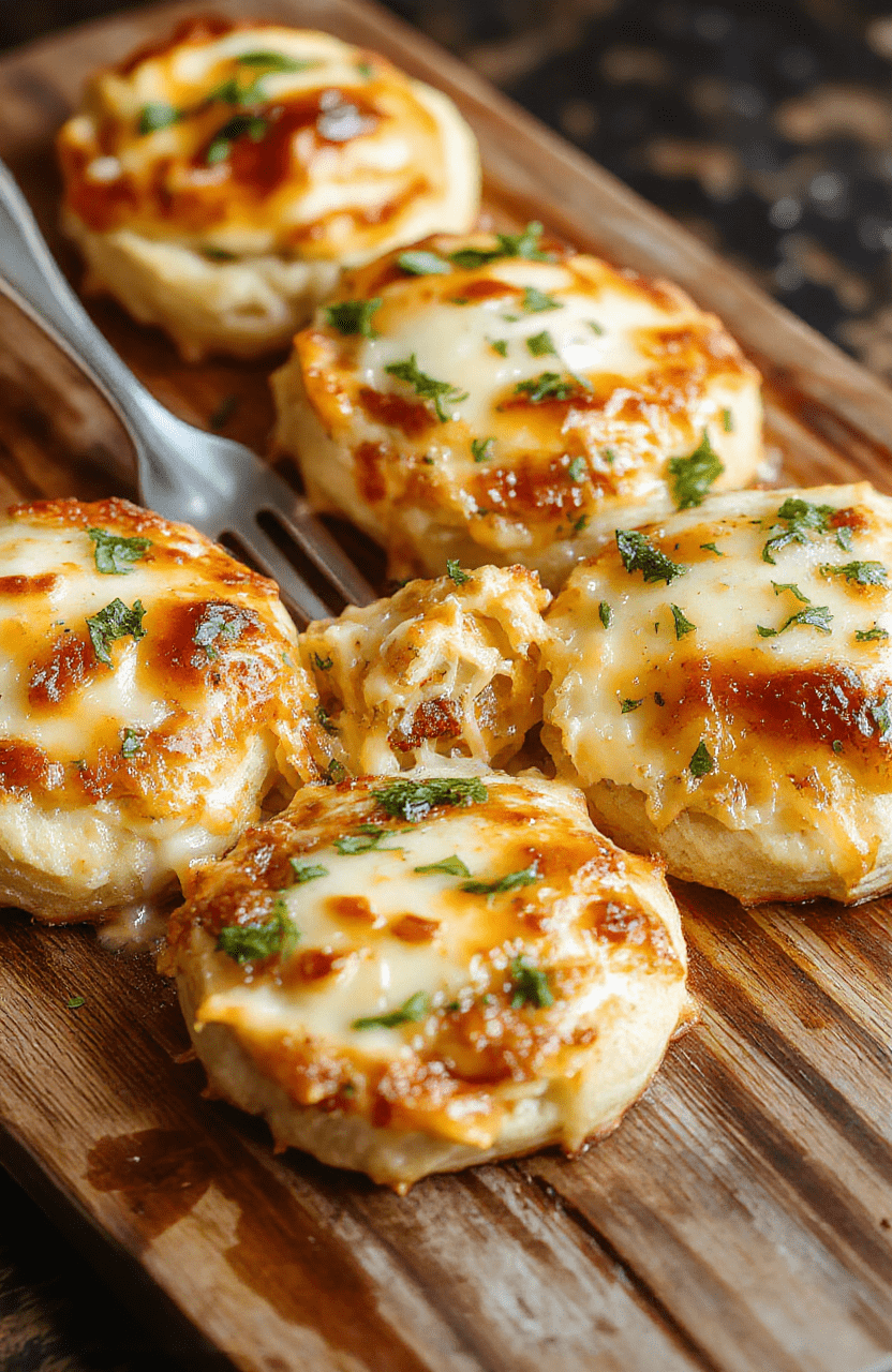 A golden-brown, bubbly cheesy biscuit pizza casserole in a deep ceramic baking dish, topped with melted mozzarella, red pizza sauce swirled on top, and small patches of cooked Italian sausage and bell pepper pieces, garnished with fresh basil leaves, served on a wooden cutting board with a pizza cutter resting beside it.