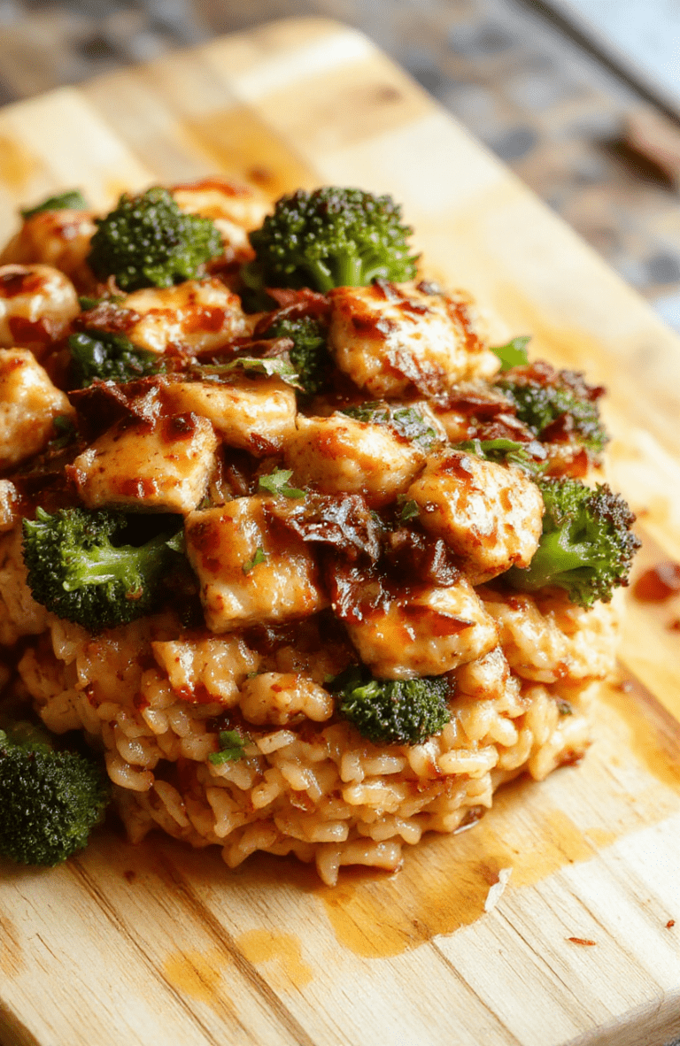 A steaming skillet of cheesy chicken with tender broccoli florets and creamy rice, topped with melted shredded cheddar and garnished with fresh parsley, served in a rustic ceramic dish on a wooden table with soft natural lighting.