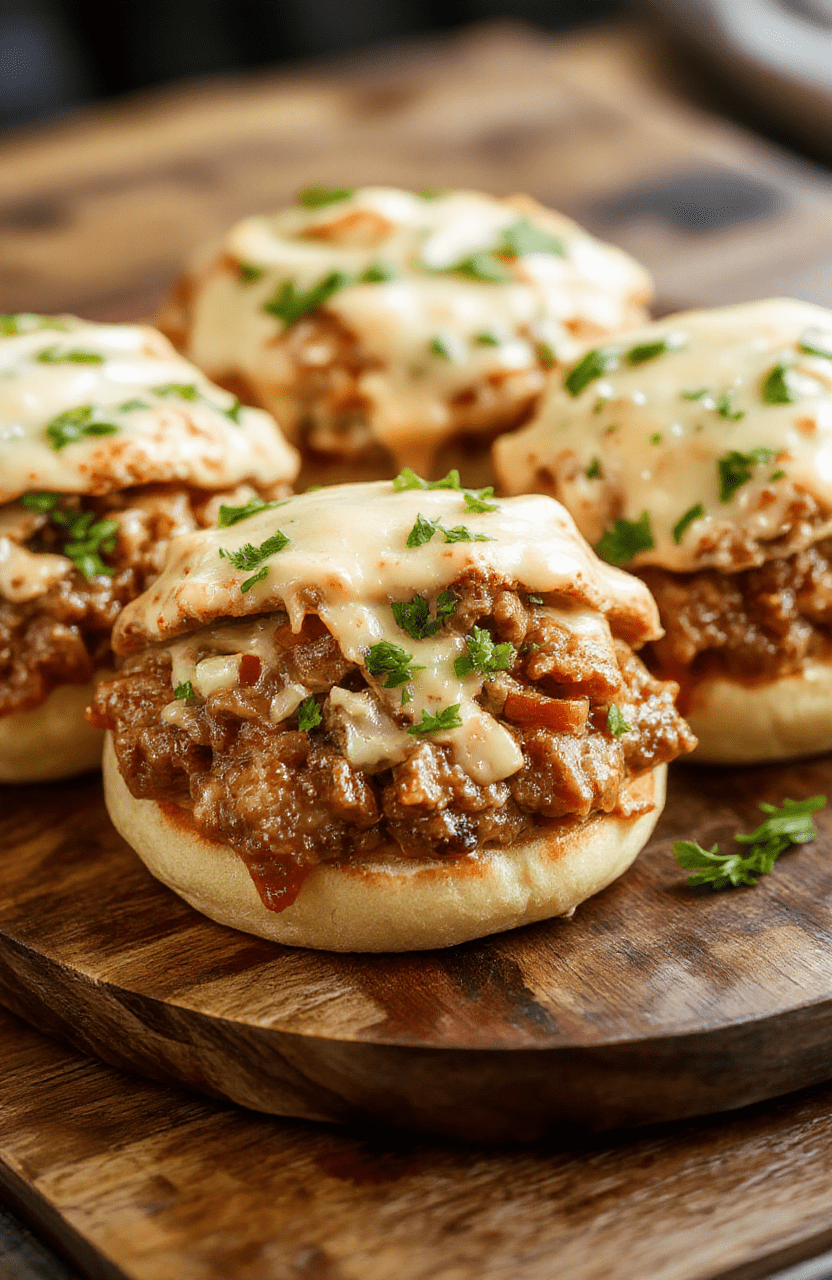 Juicy ground beef sloppy joes piled high on toasted brioche buns, topped with caramelized onions, melted gruyère and cheddar cheese, with visible stringy cheese pull, fresh parsley garnish, served on a rustic wooden board with a side of pickles and mustard.