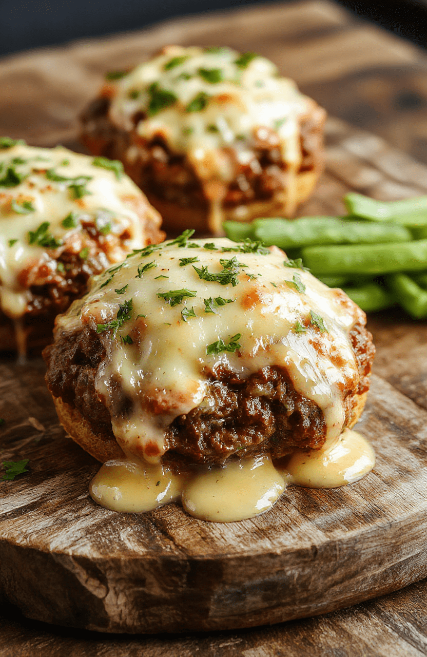Golden-brown oven-baked cheeseburger bombs sprinkled with fresh parsley and grated Parmesan, cut in half to reveal melty mozzarella and beef filling with visible garlic swirls, served on a rustic wooden board with a drizzle of garlic aioli on the side.