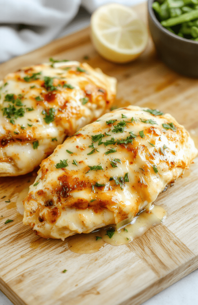 Golden-brown baked chicken breast topped with melted mozzarella and a generous sprinkle of grated Parmesan, glistening garlic butter bubbling around the edges, served alongside roasted cherry tomatoes and fresh parsley on a rustic wooden board.