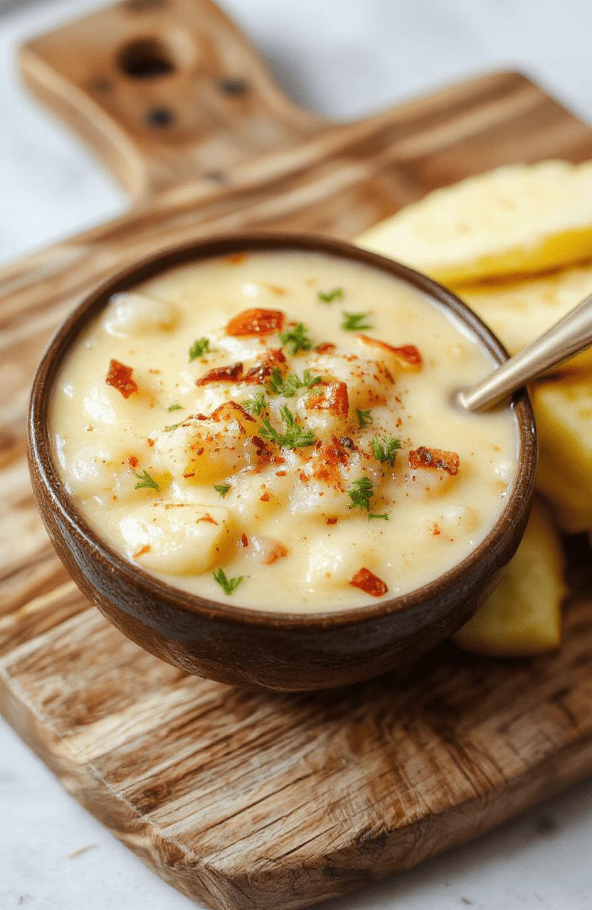 A rustic ceramic bowl filled with creamy, steaming cheesy potato soup, swirled with melted cheddar and swirled with bits of crispy hashbrowned potatoes and green onions on top. The soup has a thick, velvety texture with visible chunks of tender potatoes and small bits of cooked bacon around the rim. Warm steam rises gently. Background is a soft white wooden table with natural light casting soft shadows.