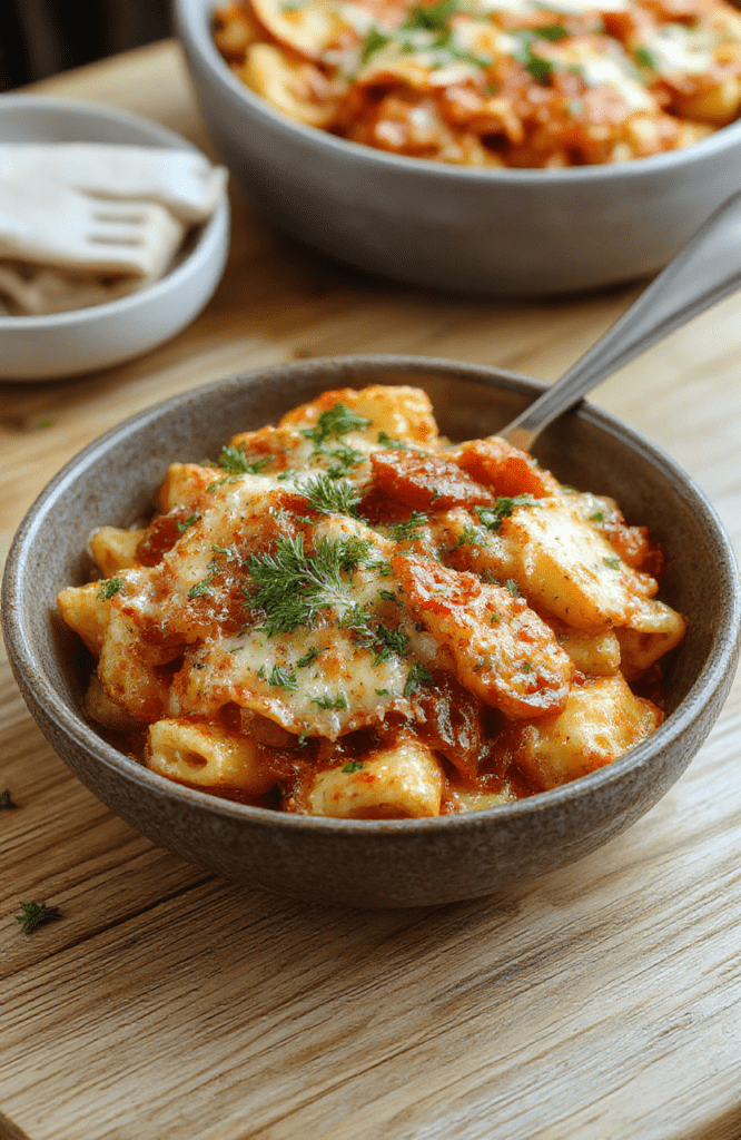 Goldenshared pasta casserole with melted mozzarella and cheddar cheese bubbling on top, mixed with rotel tomatoes, elbow macaroni, and ground beef, garnished with fresh parsley, served in a deep ceramic baking dish on a rustic wooden table.
