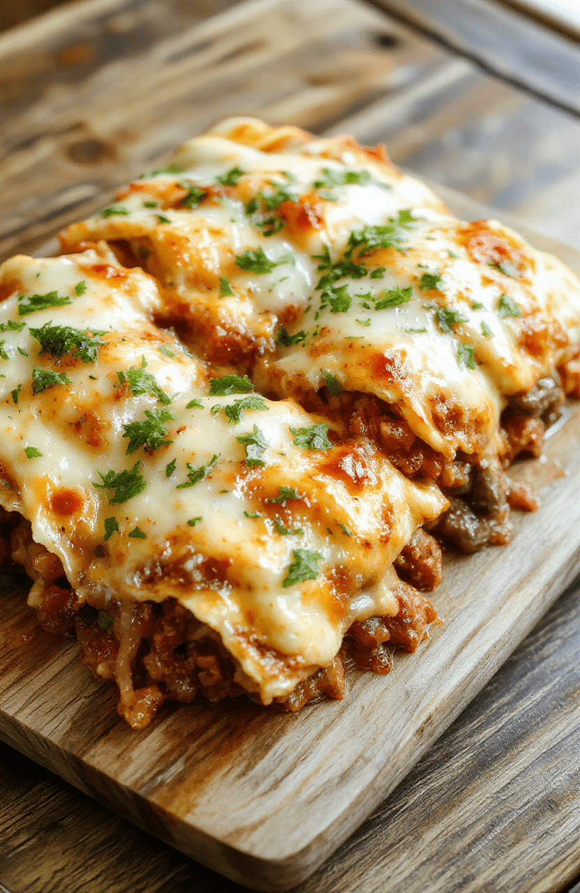 Golden-brown, baked enchiladas in a deep casserole dish, generously topped with melted shredded cheese, diced tomatoes, fresh cilantro, and a drizzle of sour cream and salsa. Sides of warm flour tortillas and a sprinkle of green onions on a rustic wooden board.