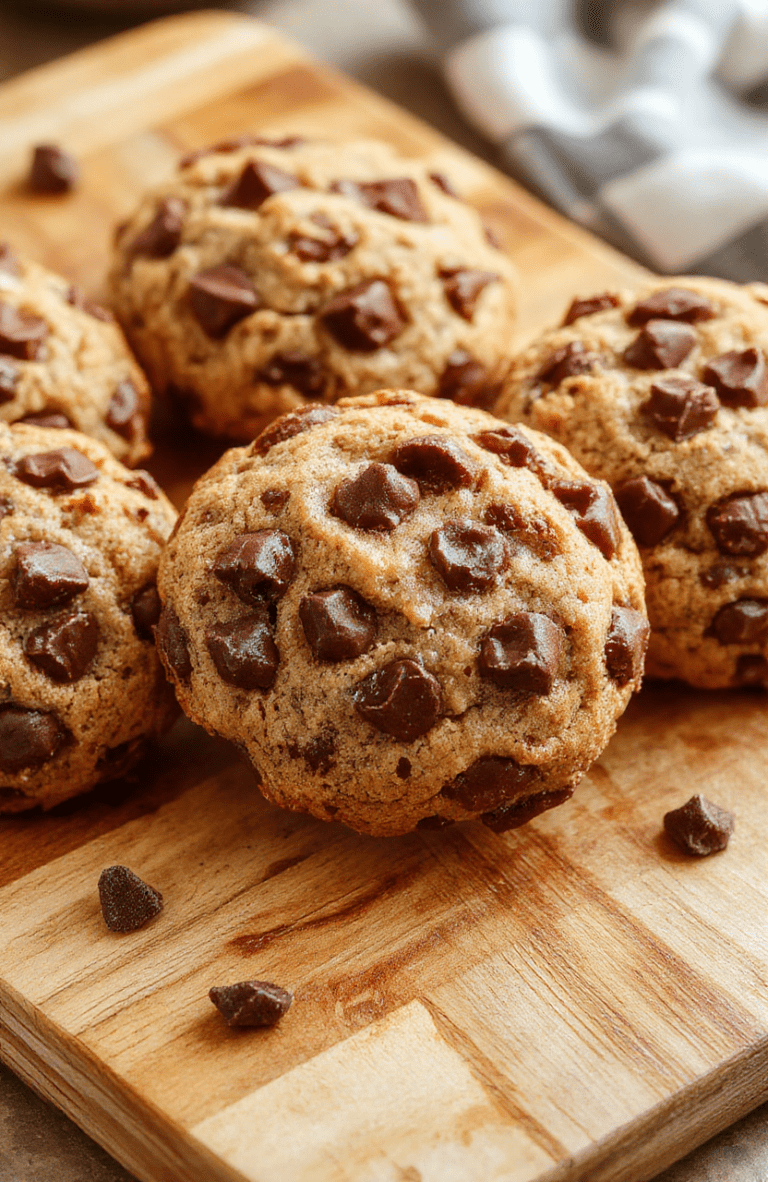A golden-brown batch of chewy chocolate chip cookies on a clean white ceramic plate, with visible melted chocolate chips, soft edges, and a slightly dome-shaped center, dusted with powdered sugar, shot in natural daylight with soft shadows and shallow depth of field.