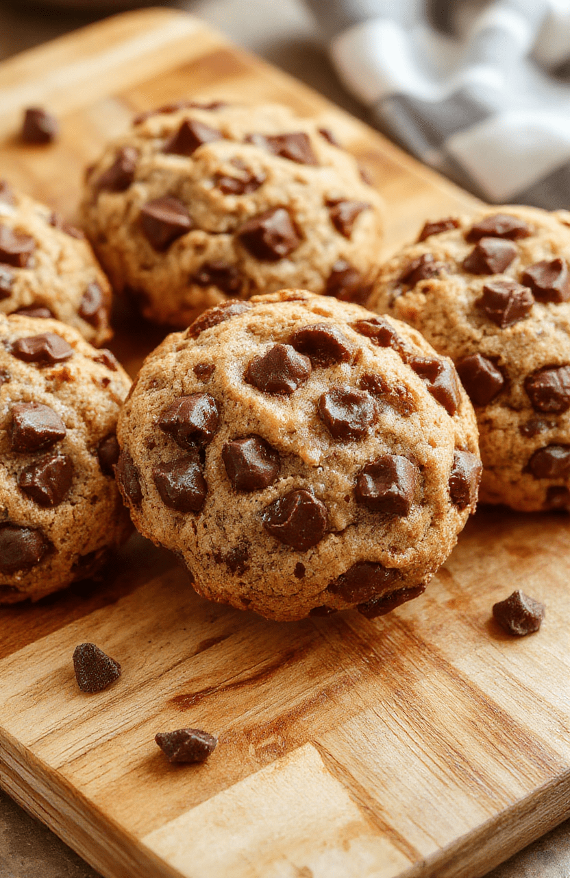 A golden-brown batch of chewy chocolate chip cookies on a clean white ceramic plate, with visible melted chocolate chips, soft edges, and a slightly dome-shaped center, dusted with powdered sugar, shot in natural daylight with soft shadows and shallow depth of field.