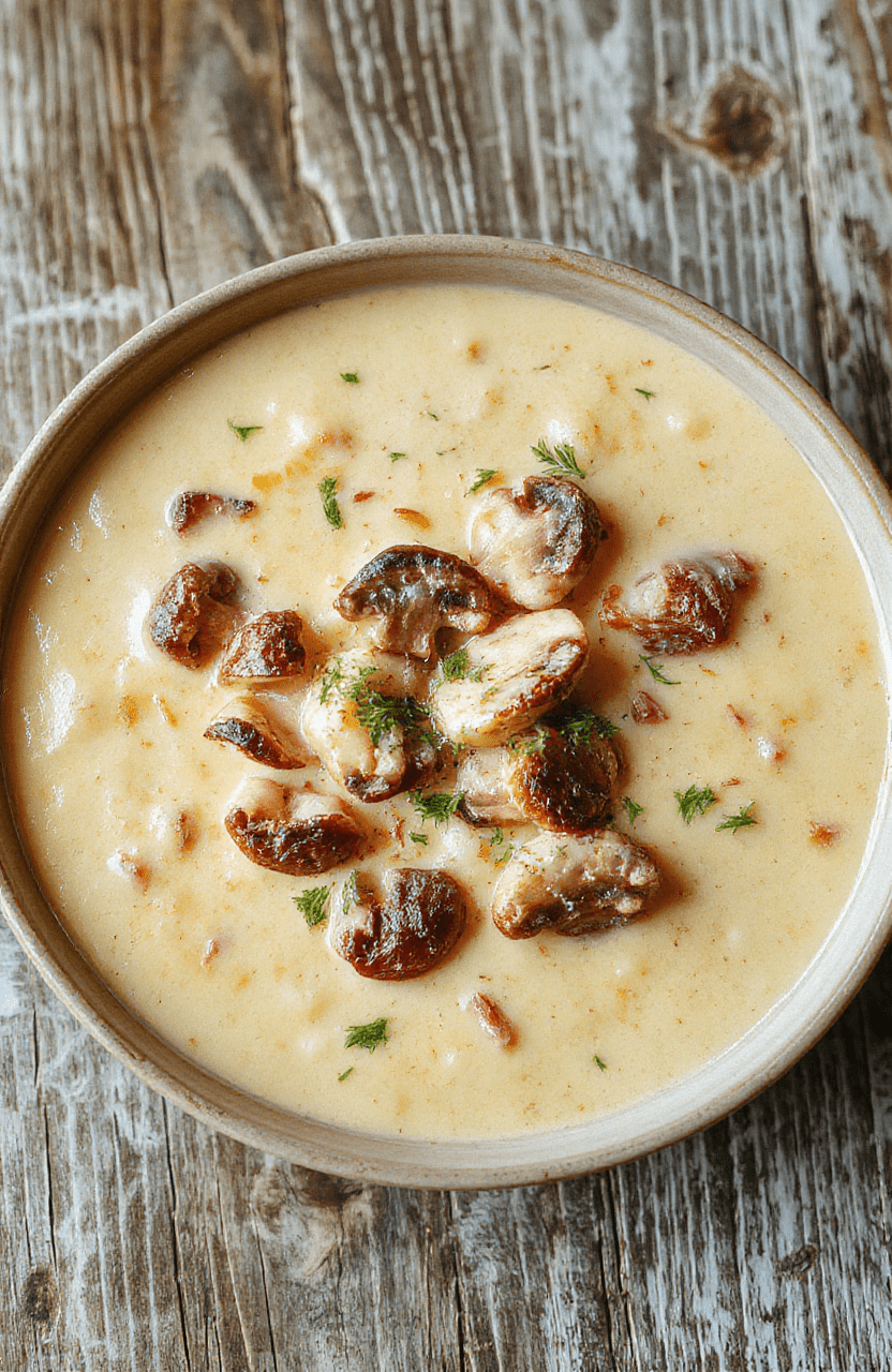 Velvety golden-brown cream of mushroom soup in a rustic white bowl, garnished with fresh parsley and a drizzle of olive oil, served beside a slice of crusty toasted sourdough with visible golden crumbs, steam rising gently, soft natural light casting warm shadows on a lightly stained wooden table surface.