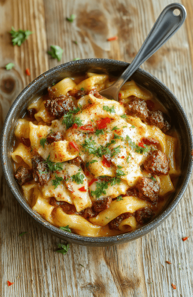 A rustic ceramic bowl filled with perfectly al dente tagliatelle pasta coated in a rich, golden-white creamy sauce, topped with tender beef strips and fresh parsley, nestled on a warm wooden cutting board with scattered garlic slices and parmesan shavings.