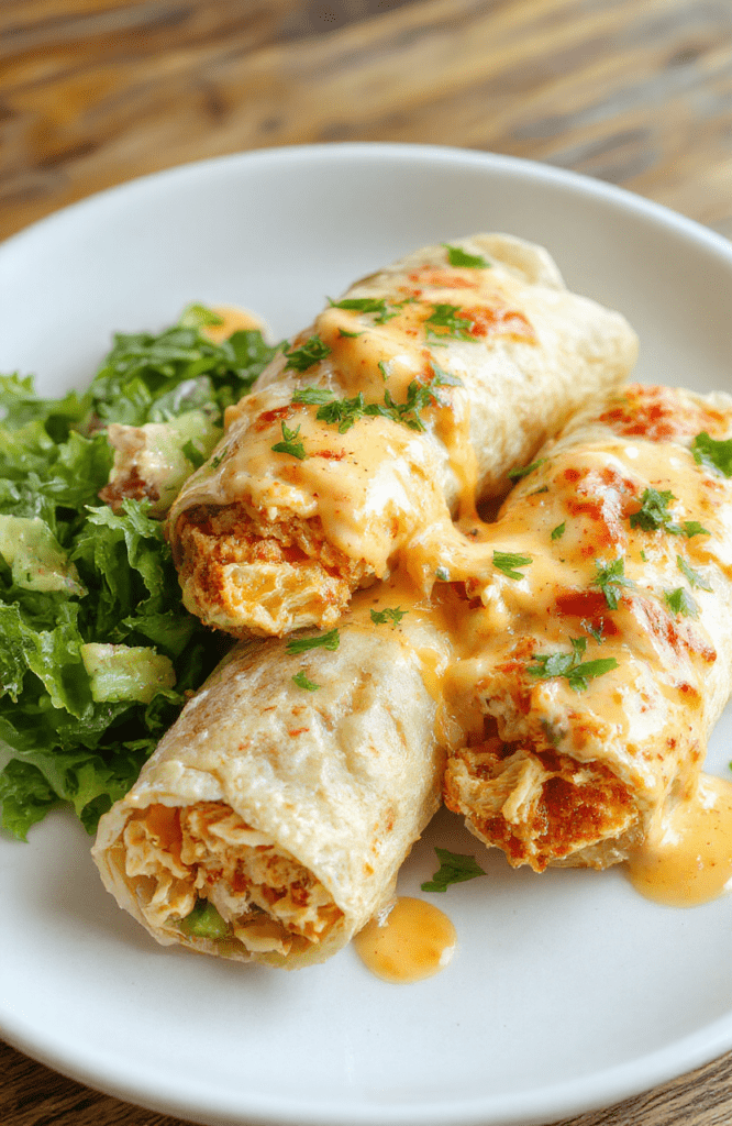 Golden-brown flour tortillas wrapped around tender shredded chicken, melted cheddar and mozzarella cheese, with a hint of garlic aioli oozing from the edges, served on a rustic wooden board surrounded by fresh cilantro leaves and a drizzle of melted butter.