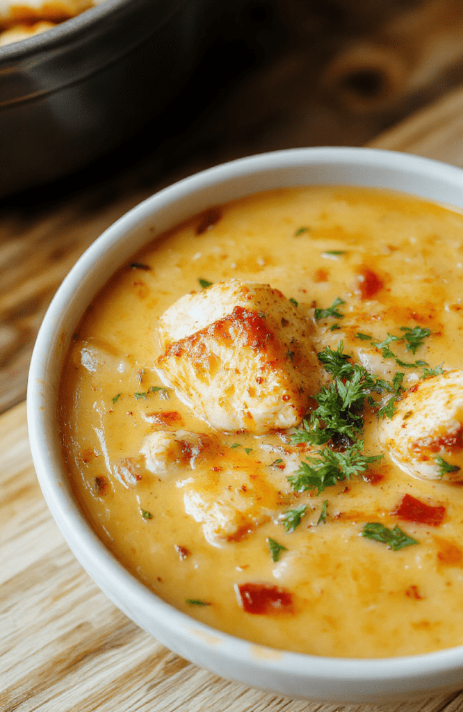 A steaming bowl of creamy chicken enchilada soup featuring shredded rotisserie chicken, white beans, corn, and diced bell peppers in a rich, smooth tomato-chipotle broth, topped with melted Monterey Jack cheese, fresh cilantro, and a dollop of sour cream, served in a rustic ceramic bowl on a wooden table.