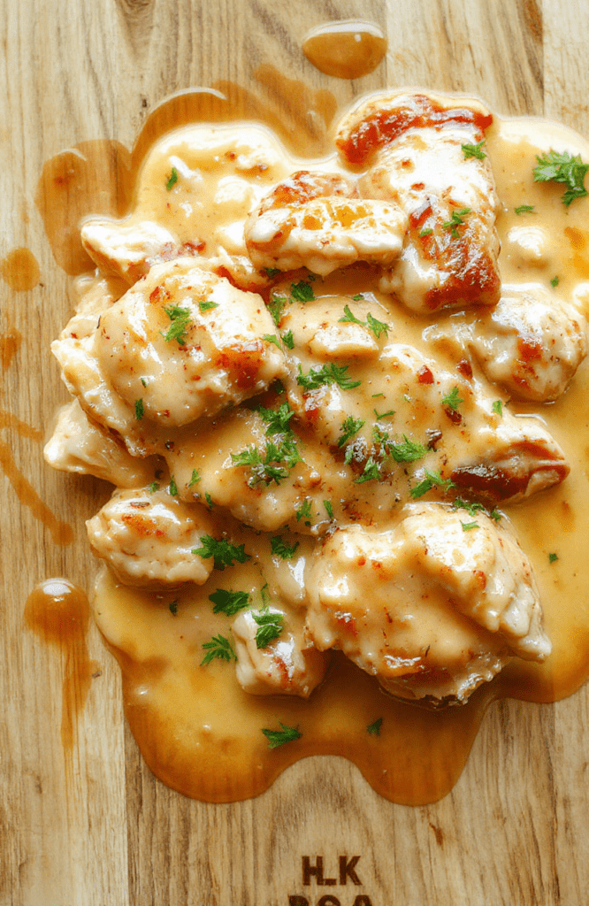 Tender bite-sized chicken pieces smothered in rich, golden-brown creamy gravy with hints of garlic and thyme, served over fluffy white rice in a rustic ceramic bowl, garnished with fresh parsley