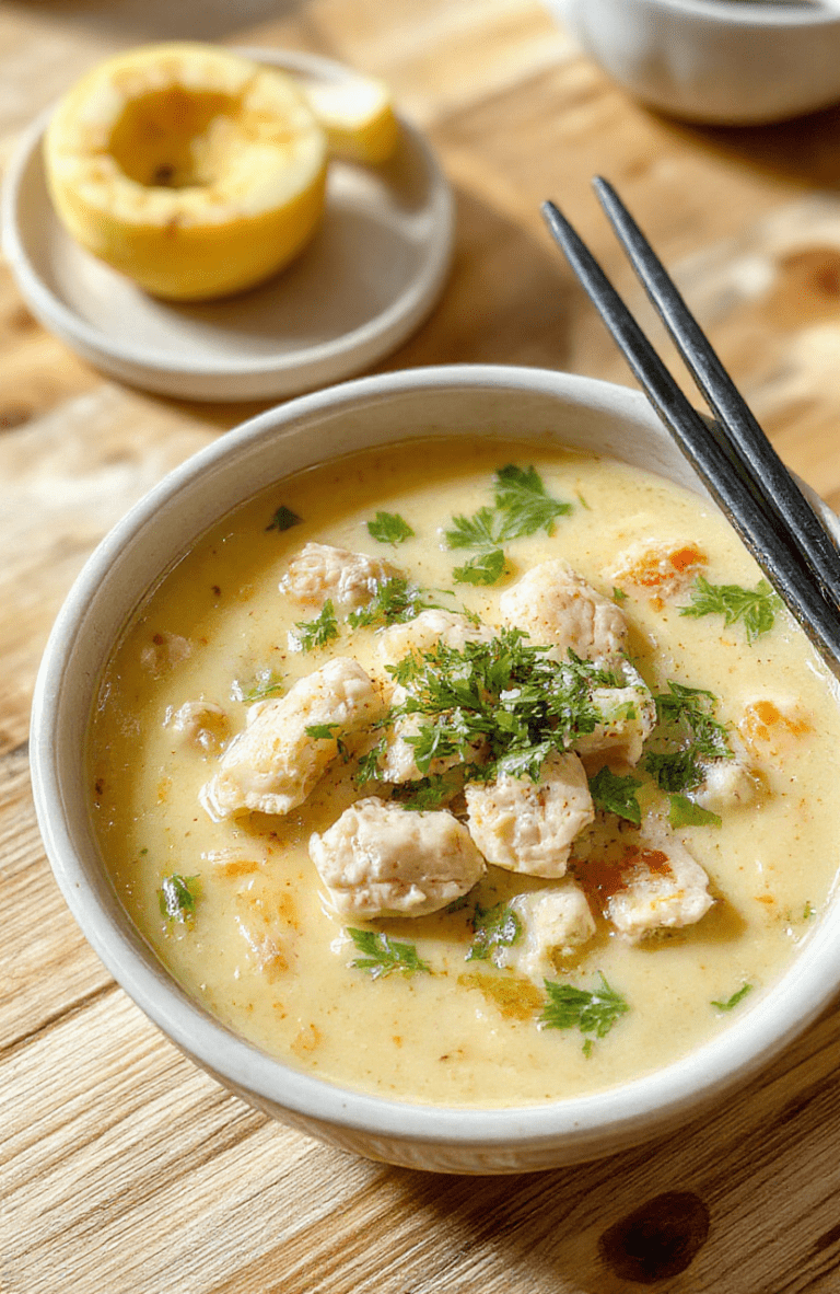 Pouring rich, velvety chicken noodle soup into a white ceramic bowl, featuring tender chicken pieces, soft yellow egg noodles, vibrant green parsley, and golden carrot slices, steaming gently against a rustic wooden table with soft natural light and shallow depth of field focus.