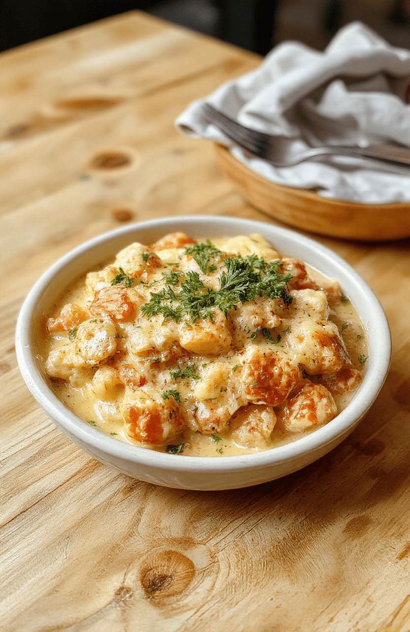 A steaming bowl of creamy chicken pot pie pasta with tender chicken chunks, colorful peas and carrots, and al dente pasta sheets coated in rich, golden-white sauce, garnished with fresh parsley and a light dusting of grated parmesan, served in a rustic ceramic bowl against a light wooden table.