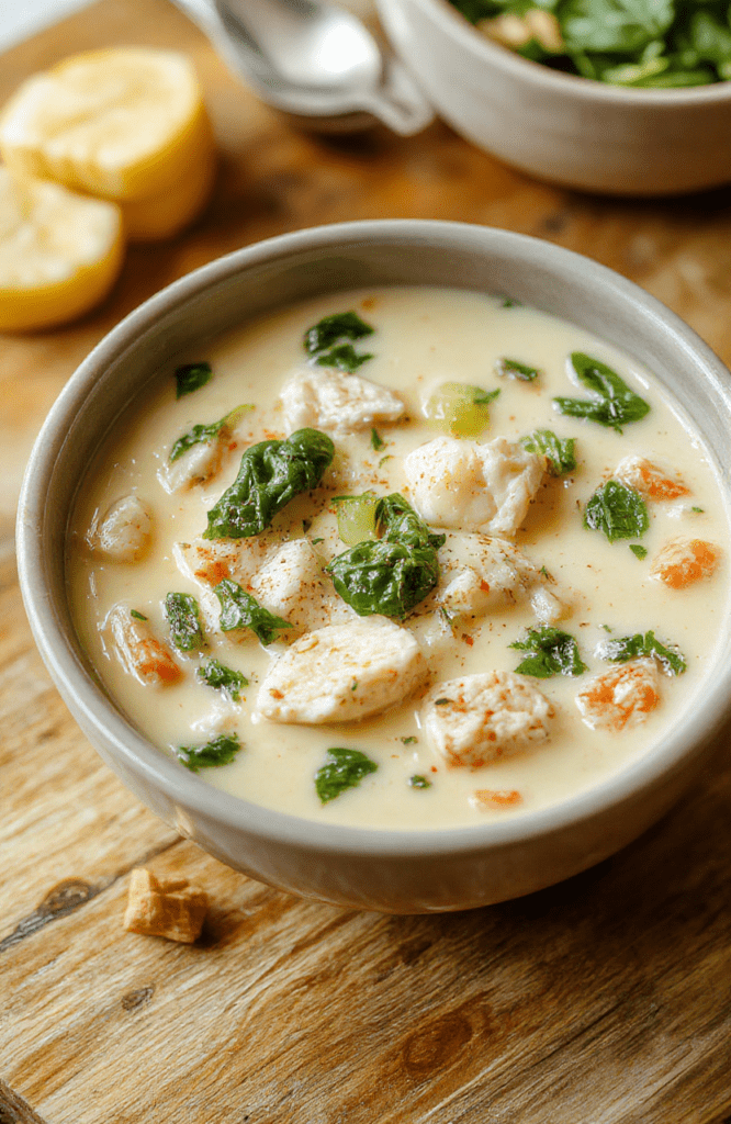 A rustic ceramic bowl filled with creamy pale-green chicken and spinach soup, studded with tender chicken pieces, vibrant spinach leaves, and soft carrots; garnished with fresh parsley and a drizzle of olive oil, served with a side of crusty bread on a wooden cutting board.