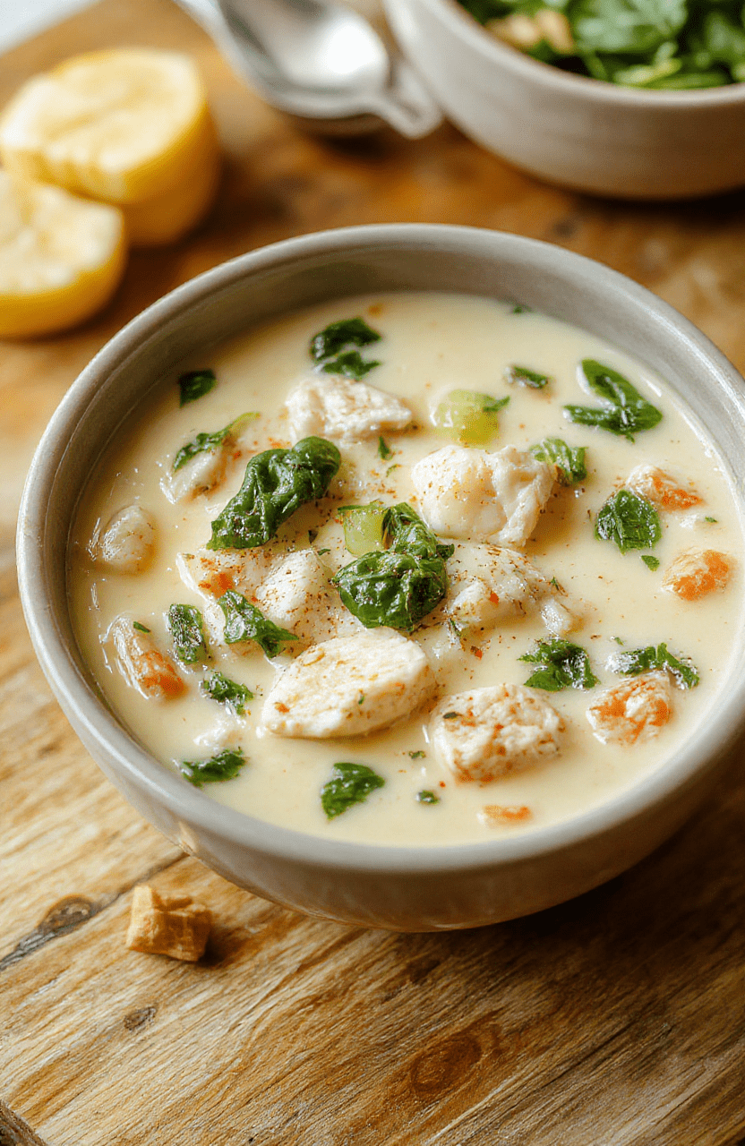 A rustic ceramic bowl filled with creamy pale-green chicken and spinach soup, studded with tender chicken pieces, vibrant spinach leaves, and soft carrots; garnished with fresh parsley and a drizzle of olive oil, served with a side of crusty bread on a wooden cutting board.