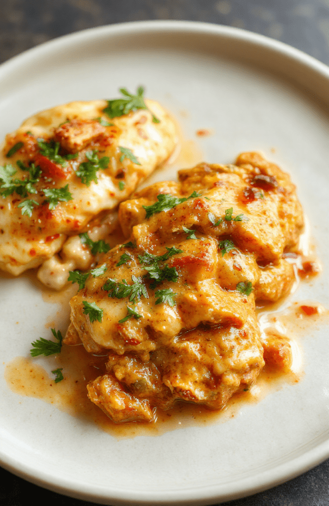A vibrant bowl of creamy chicken tikka masala served over fluffy basmati rice, featuring tender pinkish-orange grilled chicken pieces in a rich, spiced tomato cream sauce, garnished with fresh cilantro and a sprinkle of flaky salt, on a warm beige ceramic plate with soft natural lighting.