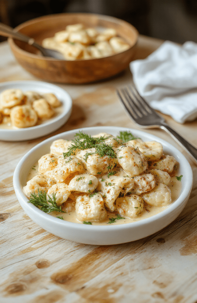 A rustic wooden bowl filled with plump cheese-filled tortellini in a rich, golden cream sauce, topped with grilled chicken strips, fresh parsley, and a sprinkle of parmesan, served on a light oak cutting board with soft shadows and natural lighting.